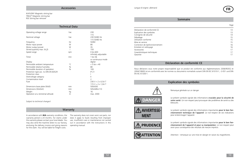 Danger, Avvertisse- ment, Prudence | Attention, Warranty technical data, Sommaire, Accessories | IKA Maxi MR 1 digital User Manual | Page 7 / 13