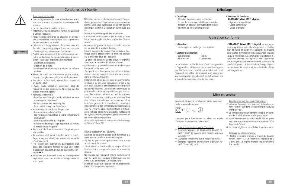 Consignes de sécurité, Déballage, Utilisation conforme mise en service | IKA Maxi MR 1 digital User Manual | Page 8 / 13