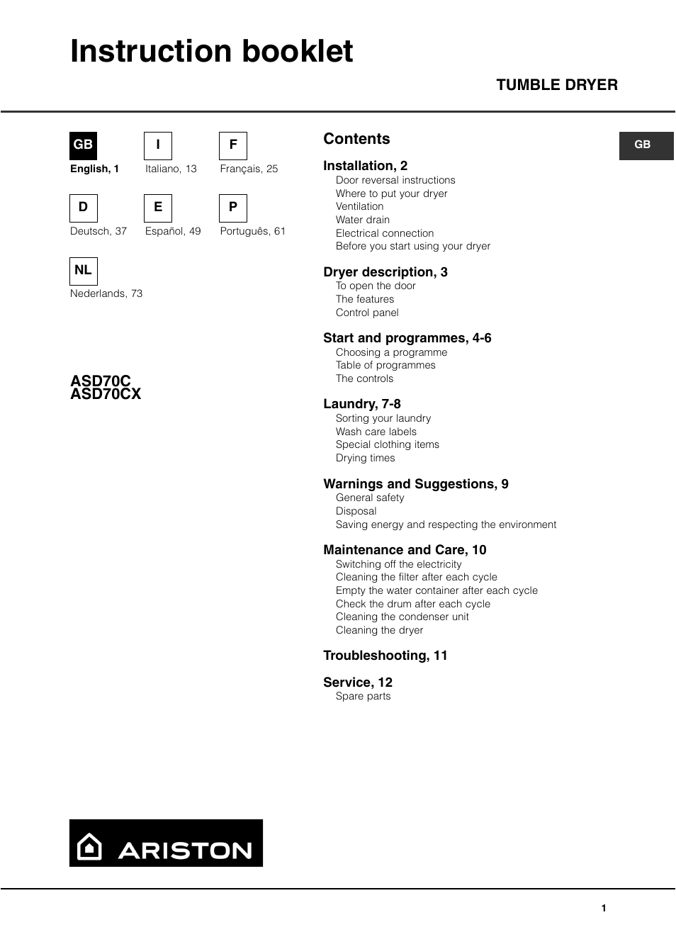 Ariston ASD70CX User Manual | 84 pages