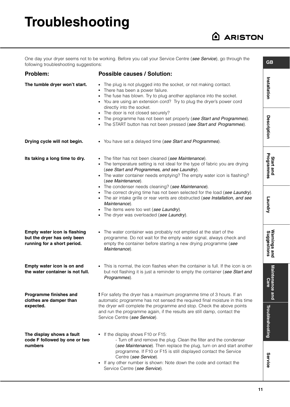 Troubleshooting, Problem, Possible causes / solution | Ariston ASD70CX User Manual | Page 11 / 84