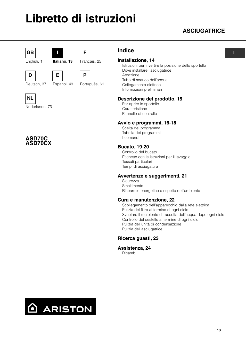 Libretto di istruzioni, Indice asciugatrice asd70c asd70cx | Ariston ASD70CX User Manual | Page 13 / 84