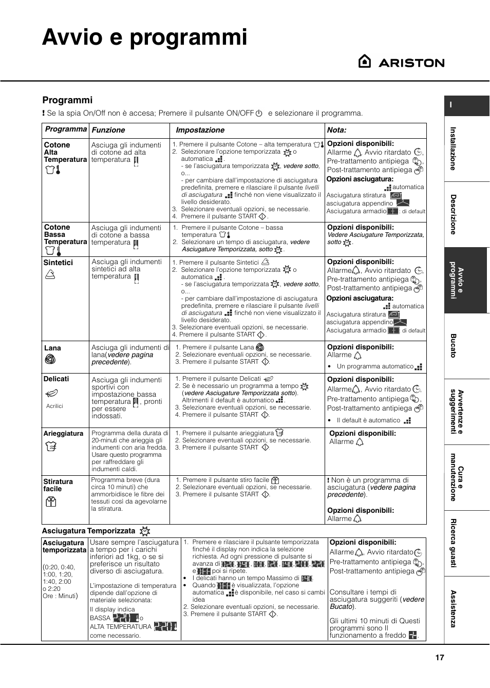 Avvio e programmi, Programmi | Ariston ASD70CX User Manual | Page 17 / 84