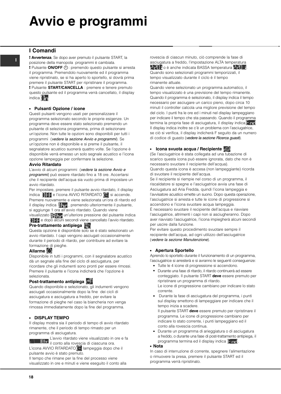 Avvio e programmi, I comandi | Ariston ASD70CX User Manual | Page 18 / 84