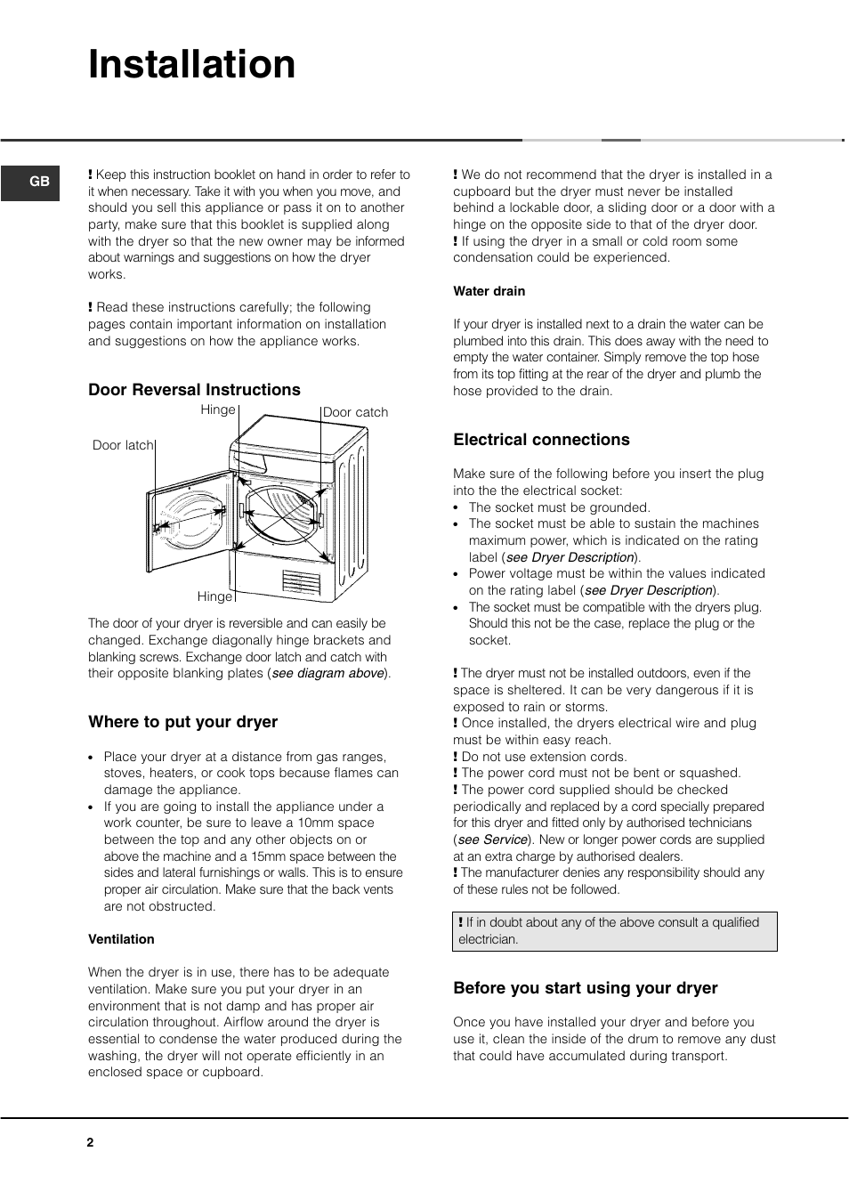 Installation, Door reversal instructions, Where to put your dryer | Electrical connections, Before you start using your dryer | Ariston ASD70CX User Manual | Page 2 / 84