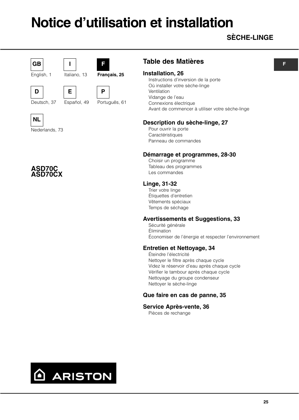 Ariston ASD70CX User Manual | Page 25 / 84