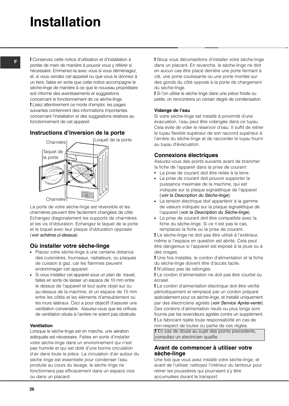 Installation, Instructions d’inversion de la porte, Où installer votre sèche-linge | Connexions électriques, Avant de commencer à utiliser votre sèche-linge | Ariston ASD70CX User Manual | Page 26 / 84