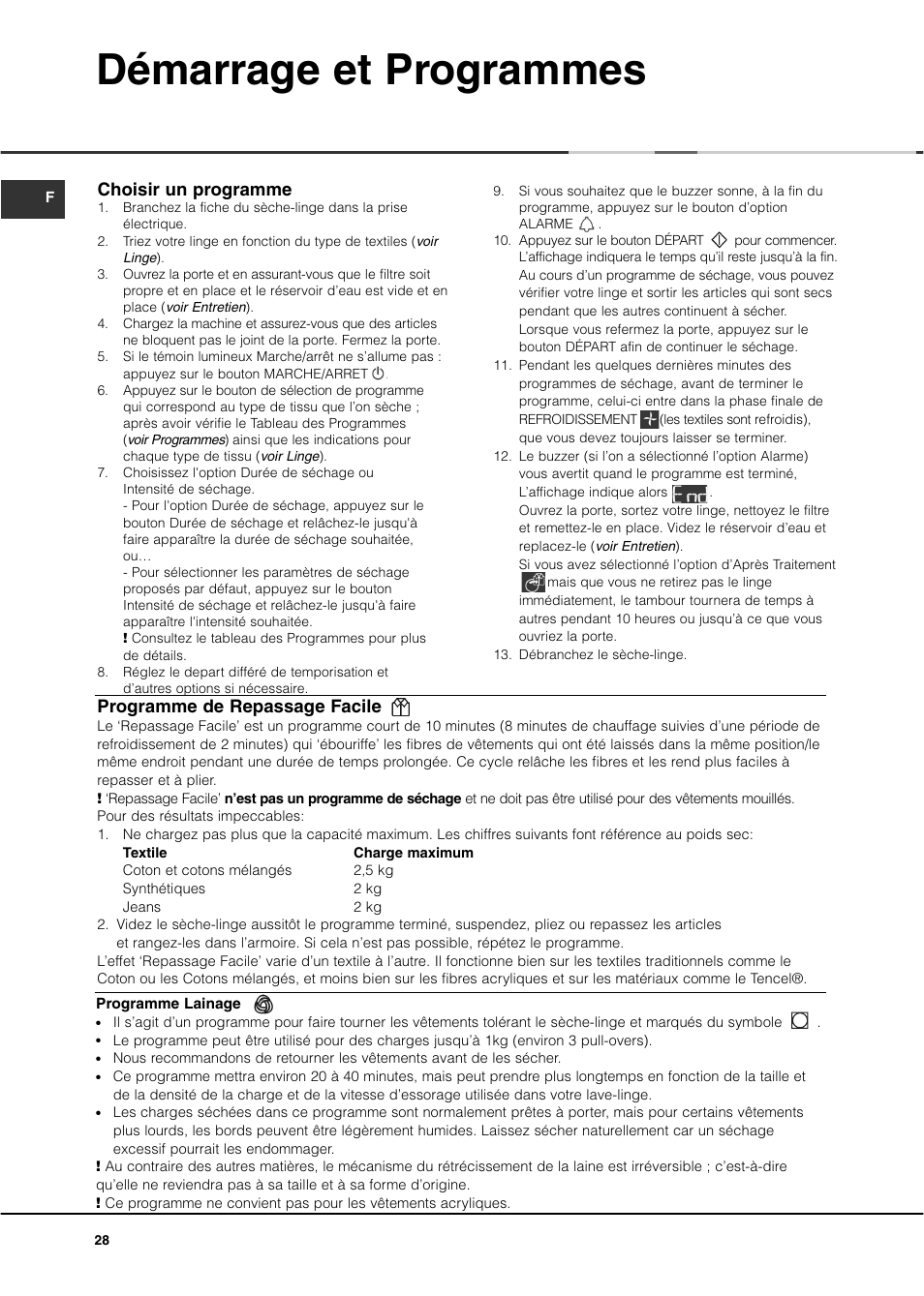 Démarrage et programmes, Choisir un programme, Programme de repassage facile | Ariston ASD70CX User Manual | Page 28 / 84