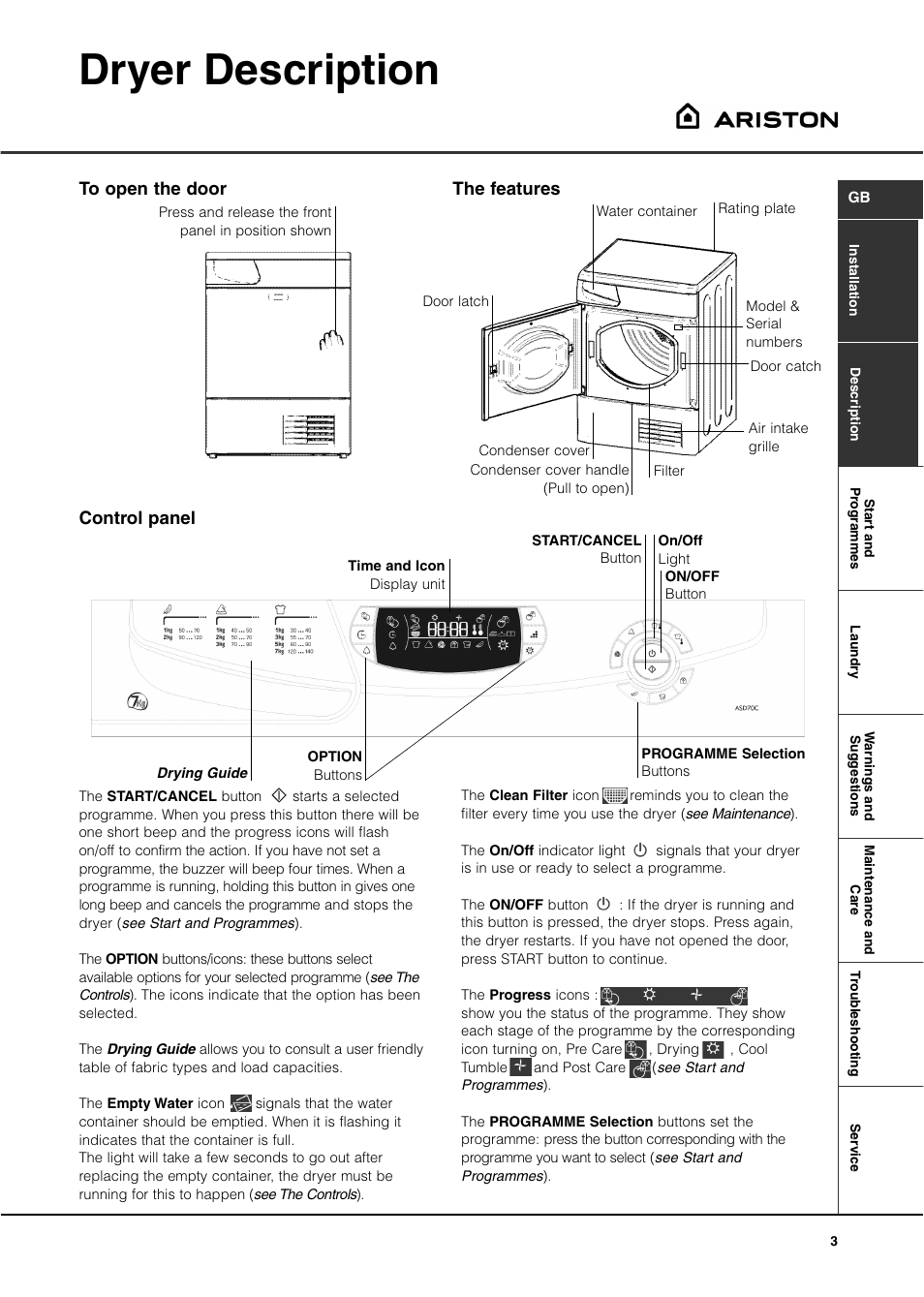 Dryer description, Control panel | Ariston ASD70CX User Manual | Page 3 / 84