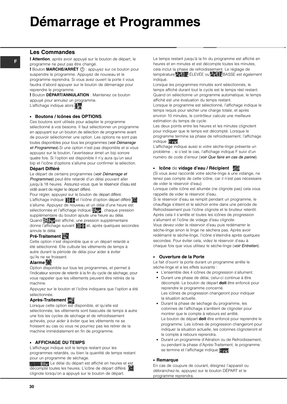 Démarrage et programmes, Les commandes | Ariston ASD70CX User Manual | Page 30 / 84