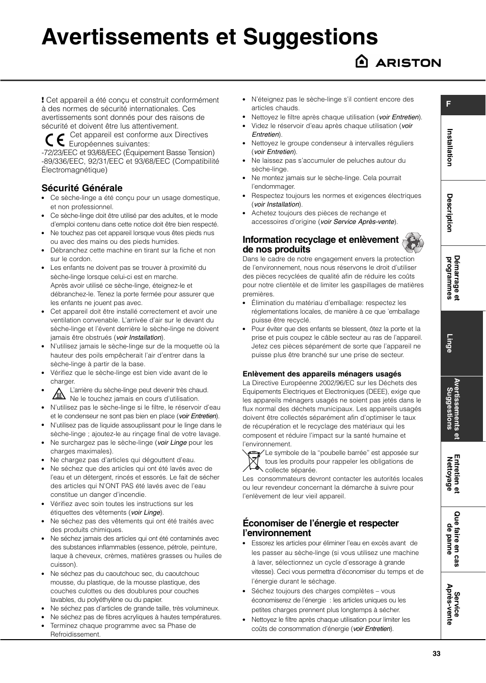 Avertissements et suggestions, Sécurité générale | Ariston ASD70CX User Manual | Page 33 / 84