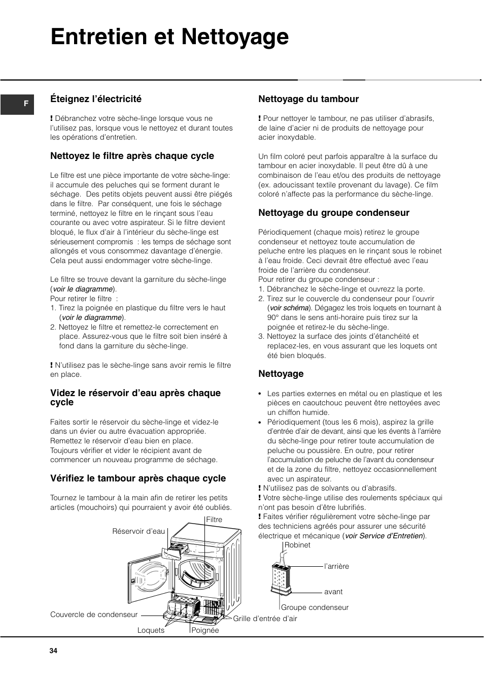 Entretien et nettoyage | Ariston ASD70CX User Manual | Page 34 / 84