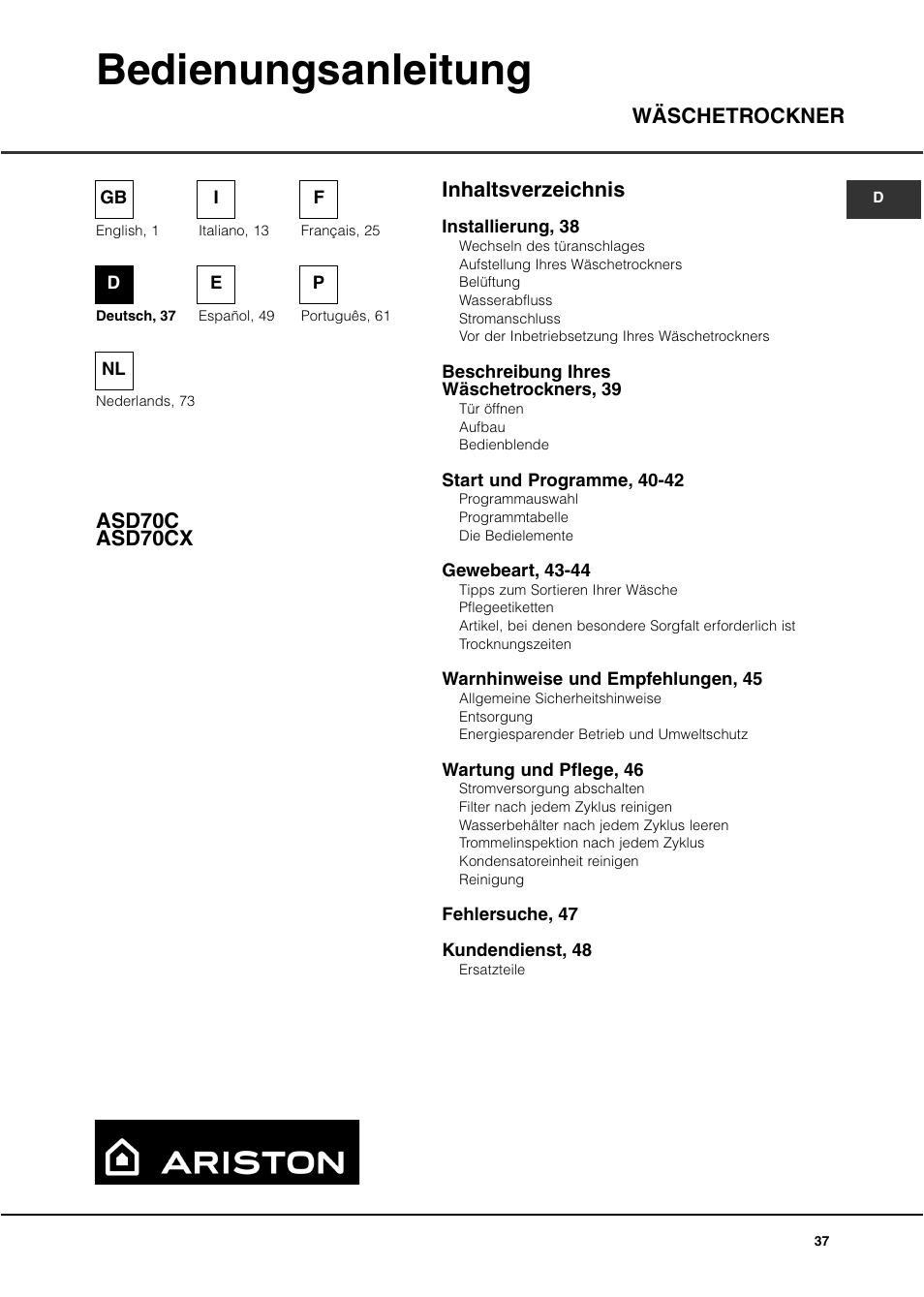 Bedienungsanleitung, Asd70c asd70cx, Inhaltsverzeichnis wäschetrockner | Ariston ASD70CX User Manual | Page 37 / 84