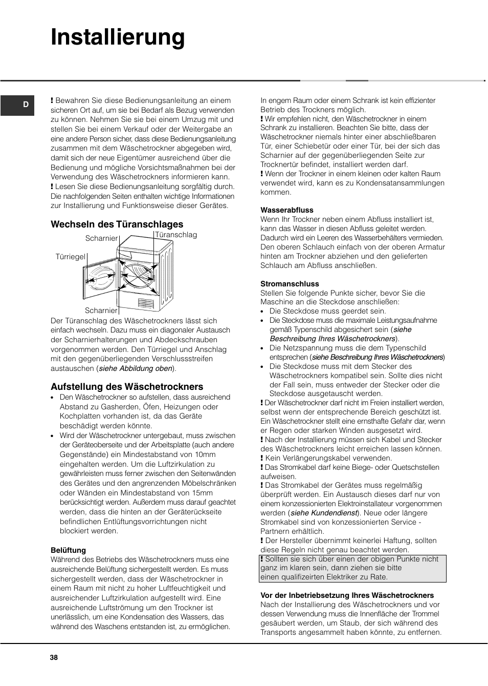 Installierung, Wechseln des türanschlages, Aufstellung des wäschetrockners | Ariston ASD70CX User Manual | Page 38 / 84