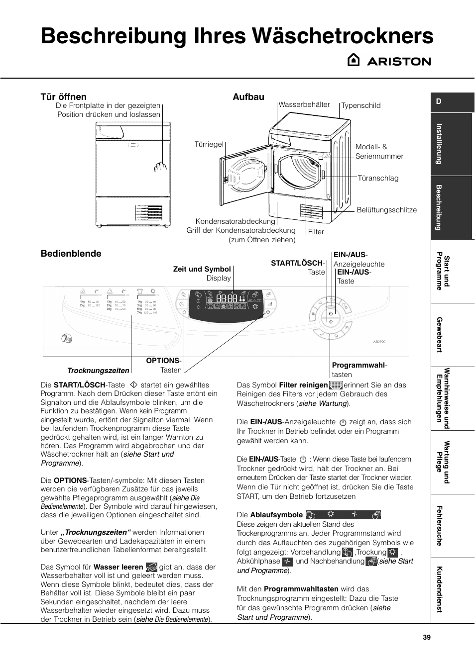 Beschreibung ihres wäschetrockners, Bedienblende tür öffnen aufbau | Ariston ASD70CX User Manual | Page 39 / 84