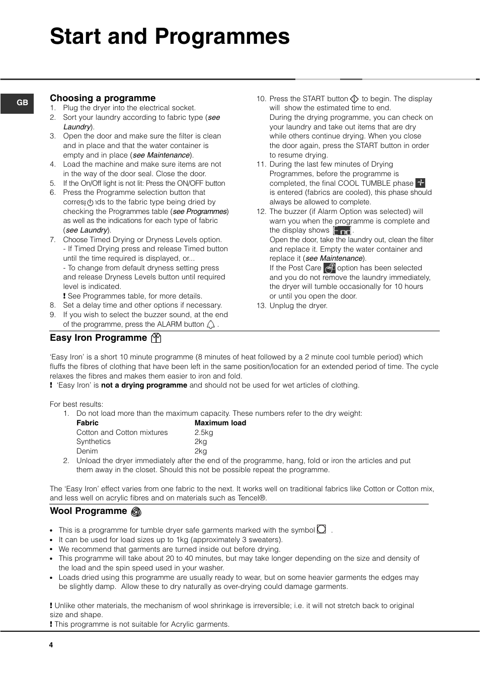 Start and programmes, Choosing a programme, Easy iron programme | Wool programme | Ariston ASD70CX User Manual | Page 4 / 84