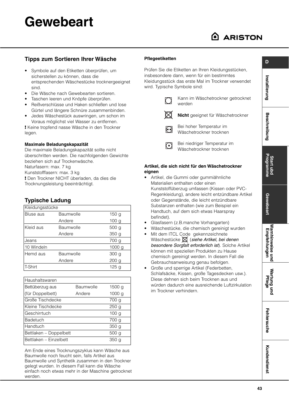 Gewebeart, Tipps zum sortieren ihrer wäsche, Typische ladung | Ariston ASD70CX User Manual | Page 43 / 84