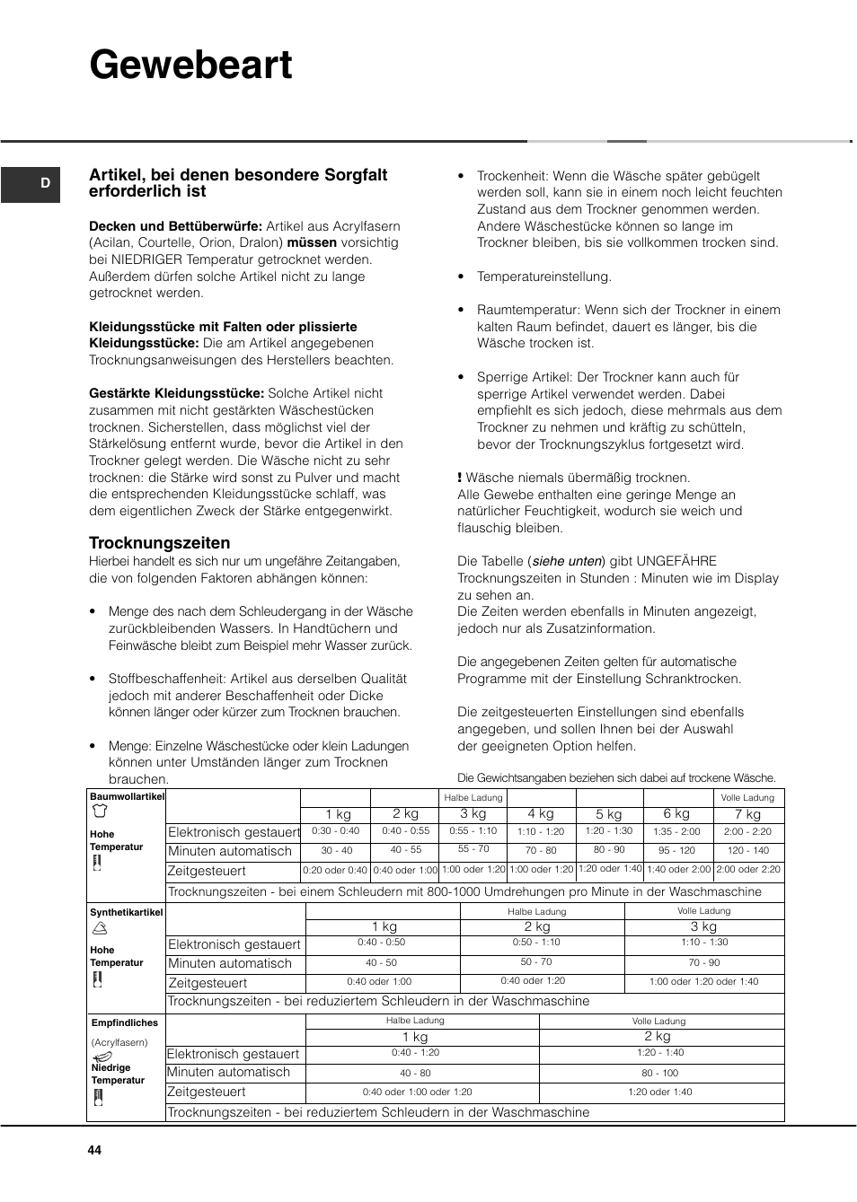 Gewebeart, Trocknungszeiten | Ariston ASD70CX User Manual | Page 44 / 84