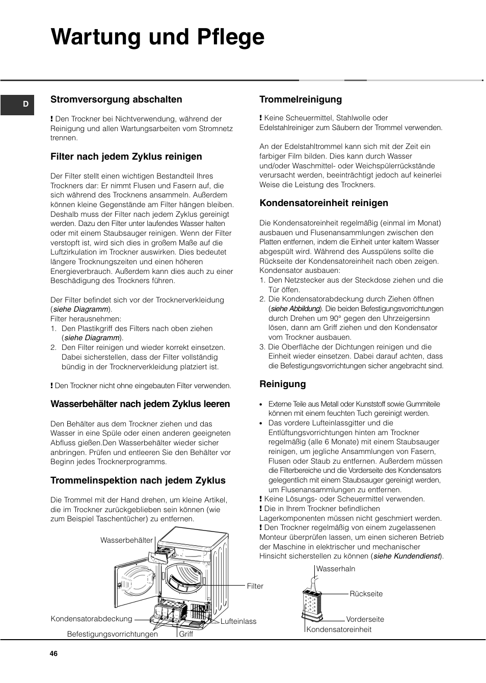 Wartung und pflege | Ariston ASD70CX User Manual | Page 46 / 84