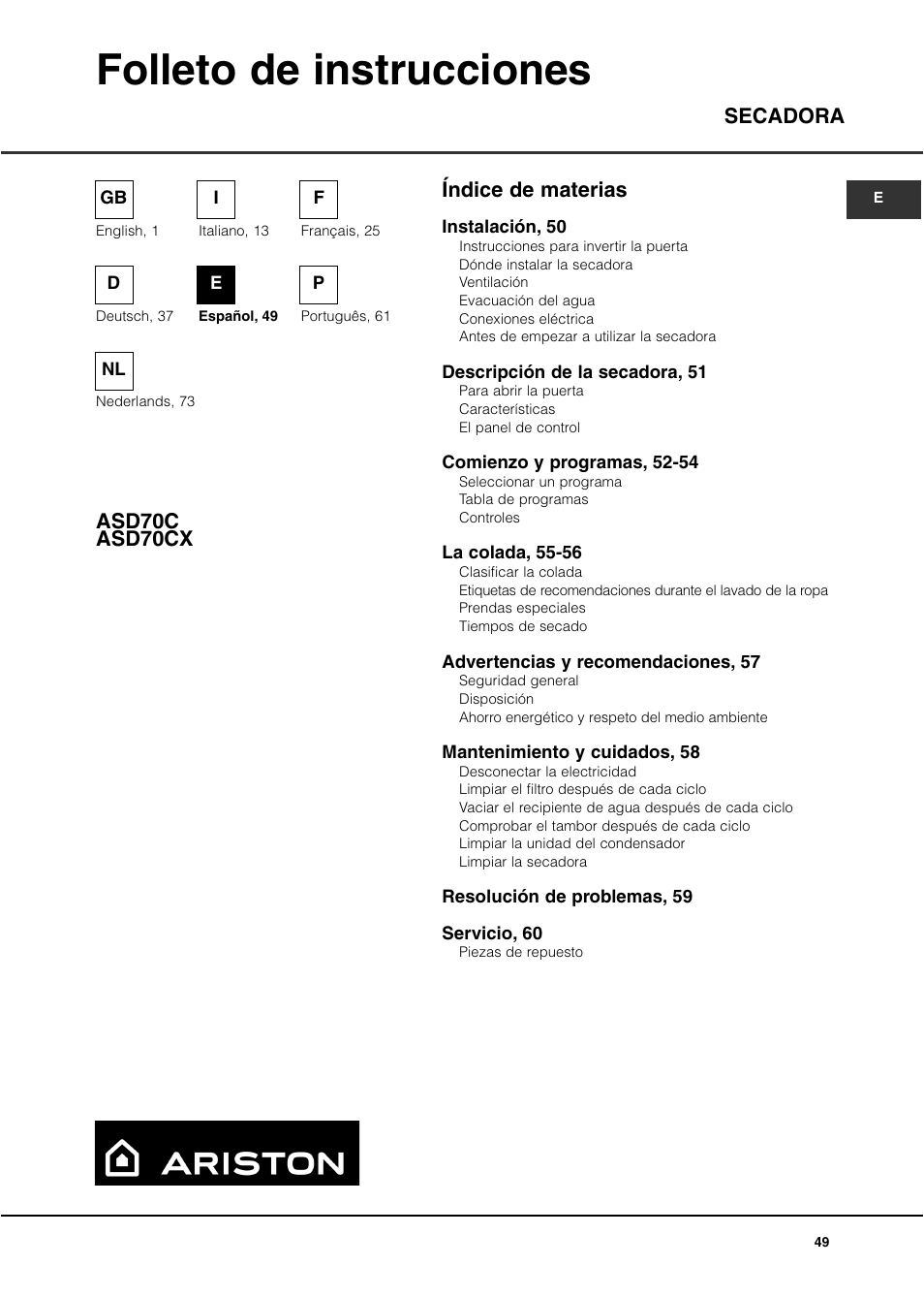 Folleto de instrucciones, Índice de materias secadora asd70c asd70cx | Ariston ASD70CX User Manual | Page 49 / 84