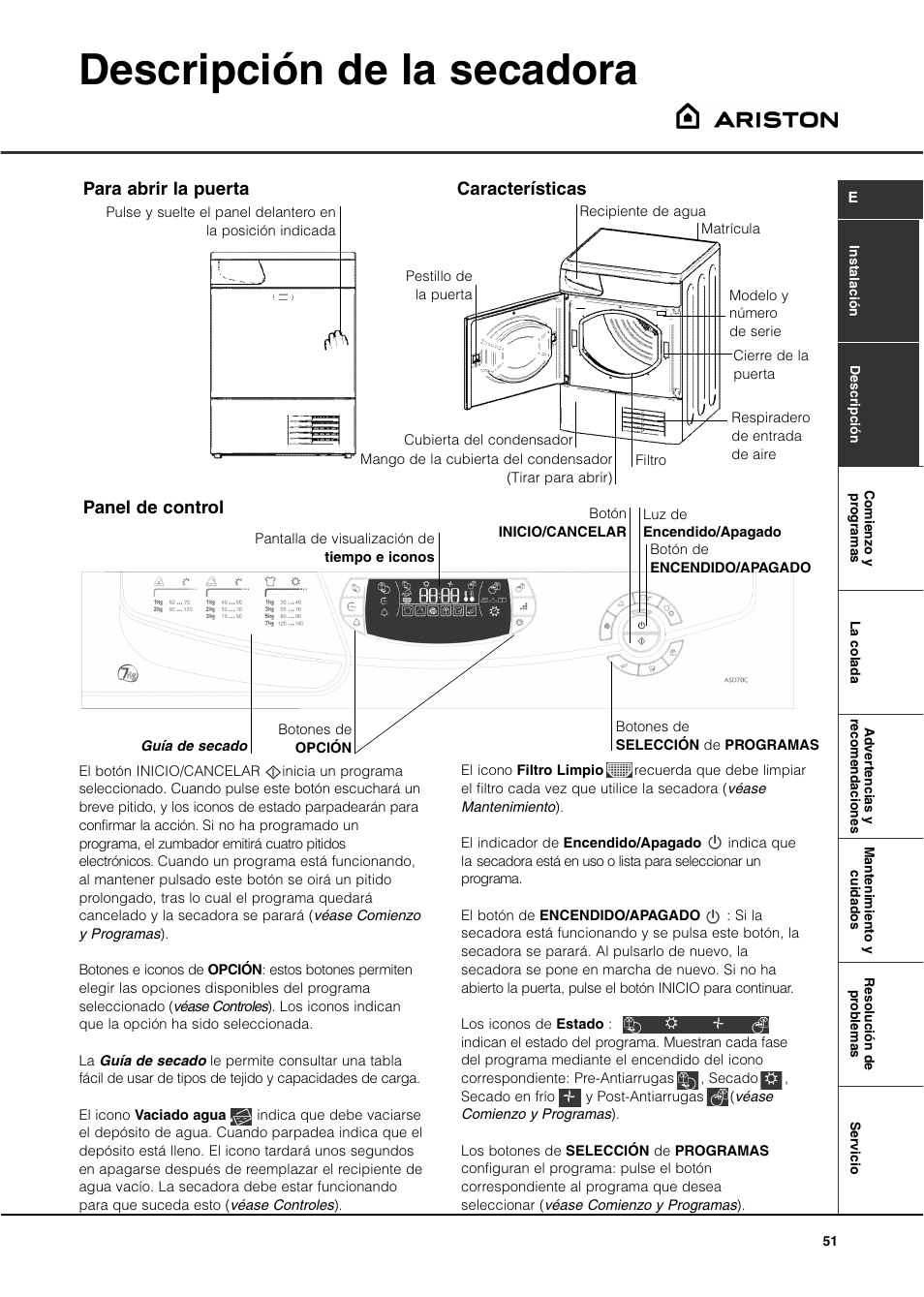 Descripción de la secadora | Ariston ASD70CX User Manual | Page 51 / 84