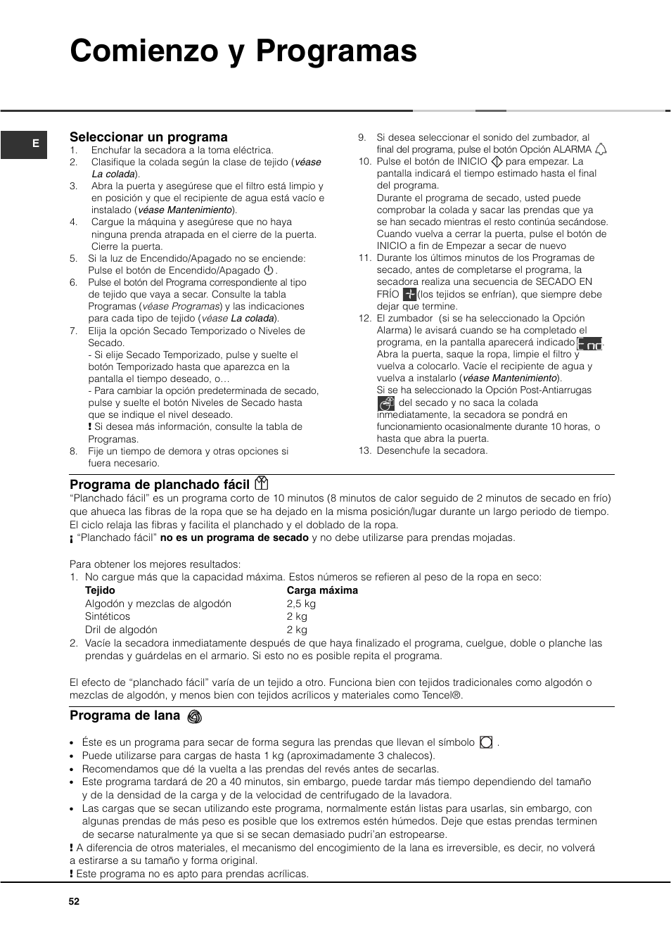 Comienzo y programas, Seleccionar un programa, Programa de planchado fácil | Programa de lana | Ariston ASD70CX User Manual | Page 52 / 84