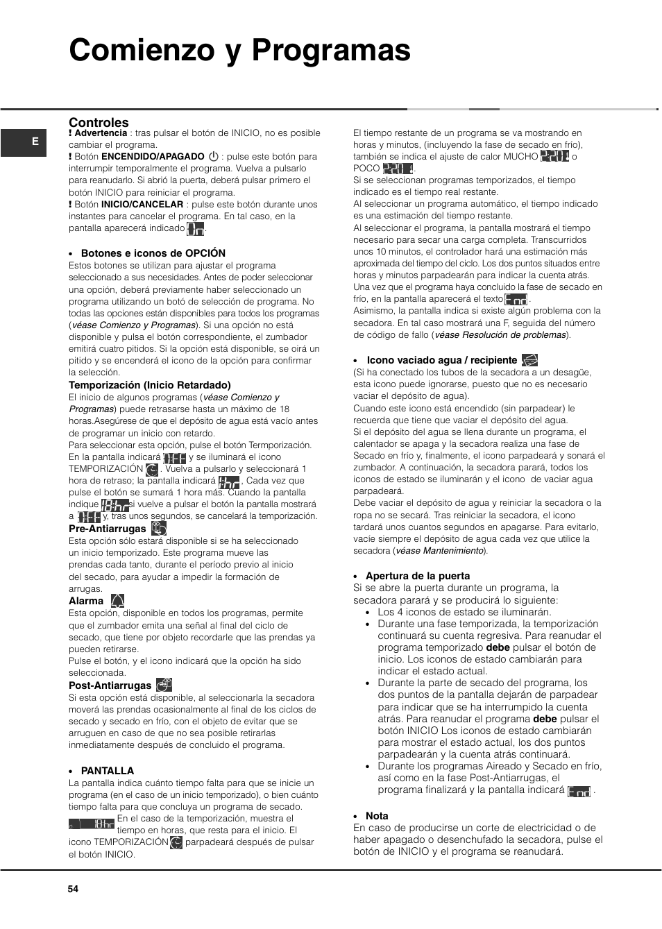 Comienzo y programas, Controles | Ariston ASD70CX User Manual | Page 54 / 84