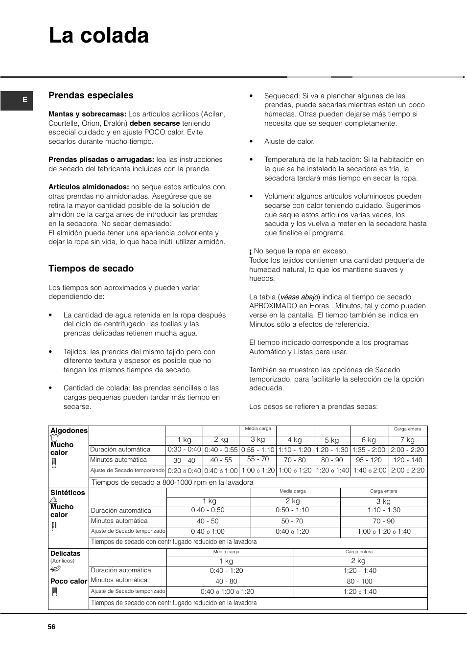 La colada, Prendas especiales, Tiempos de secado | Ariston ASD70CX User Manual | Page 56 / 84