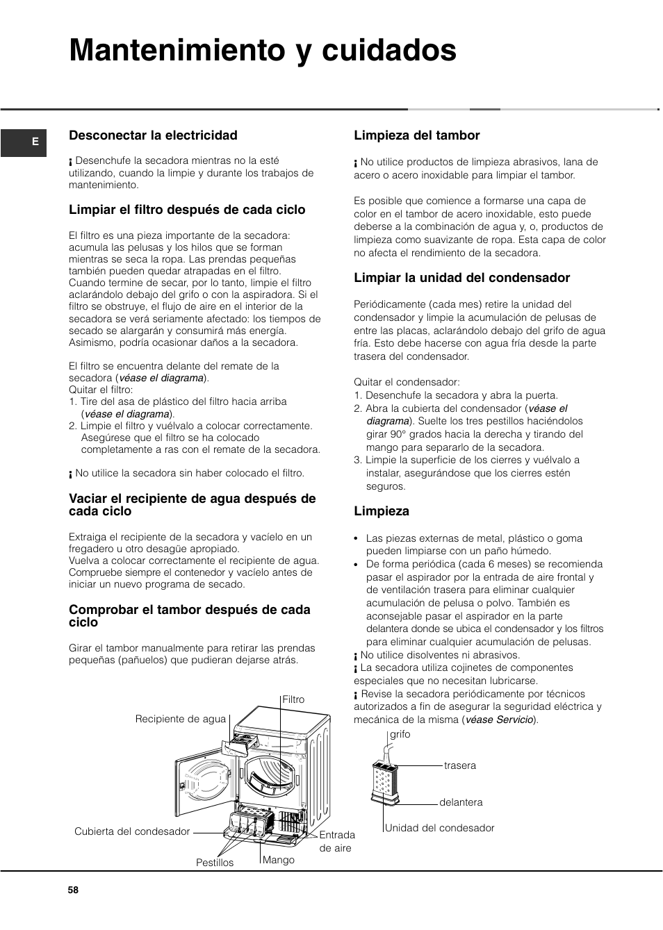 Mantenimiento y cuidados | Ariston ASD70CX User Manual | Page 58 / 84