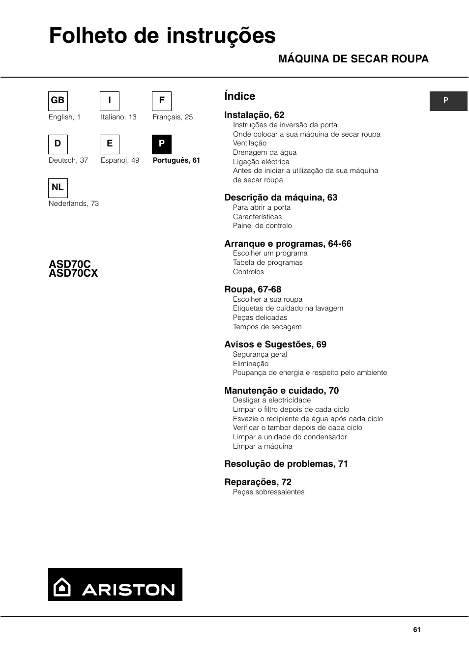 Folheto de instruções, Índice máquina de secar roupa asd70c asd70cx | Ariston ASD70CX User Manual | Page 61 / 84