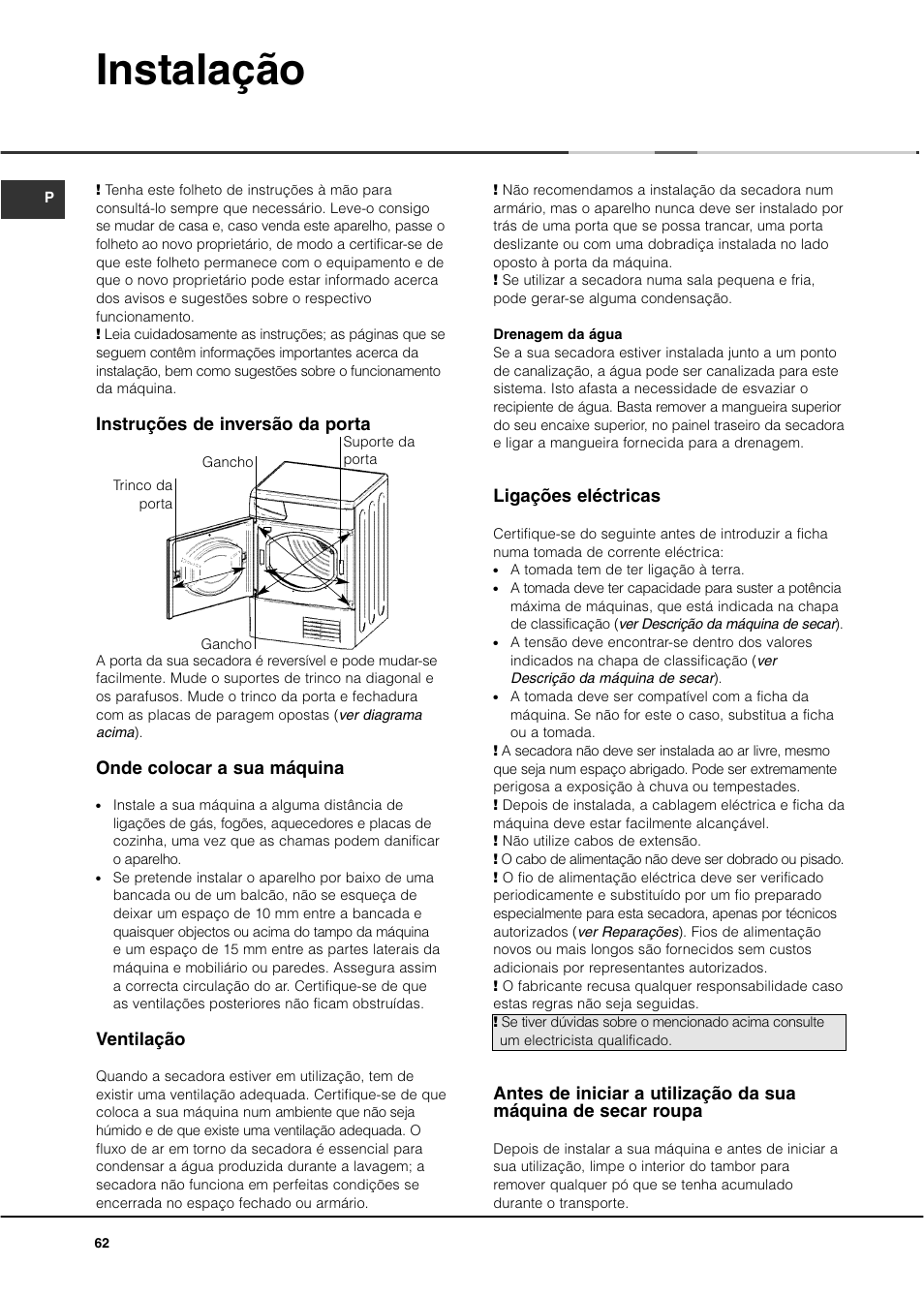 Instalação, Instruções de inversão da porta, Onde colocar a sua máquina | Ventilação, Ligações eléctricas | Ariston ASD70CX User Manual | Page 62 / 84