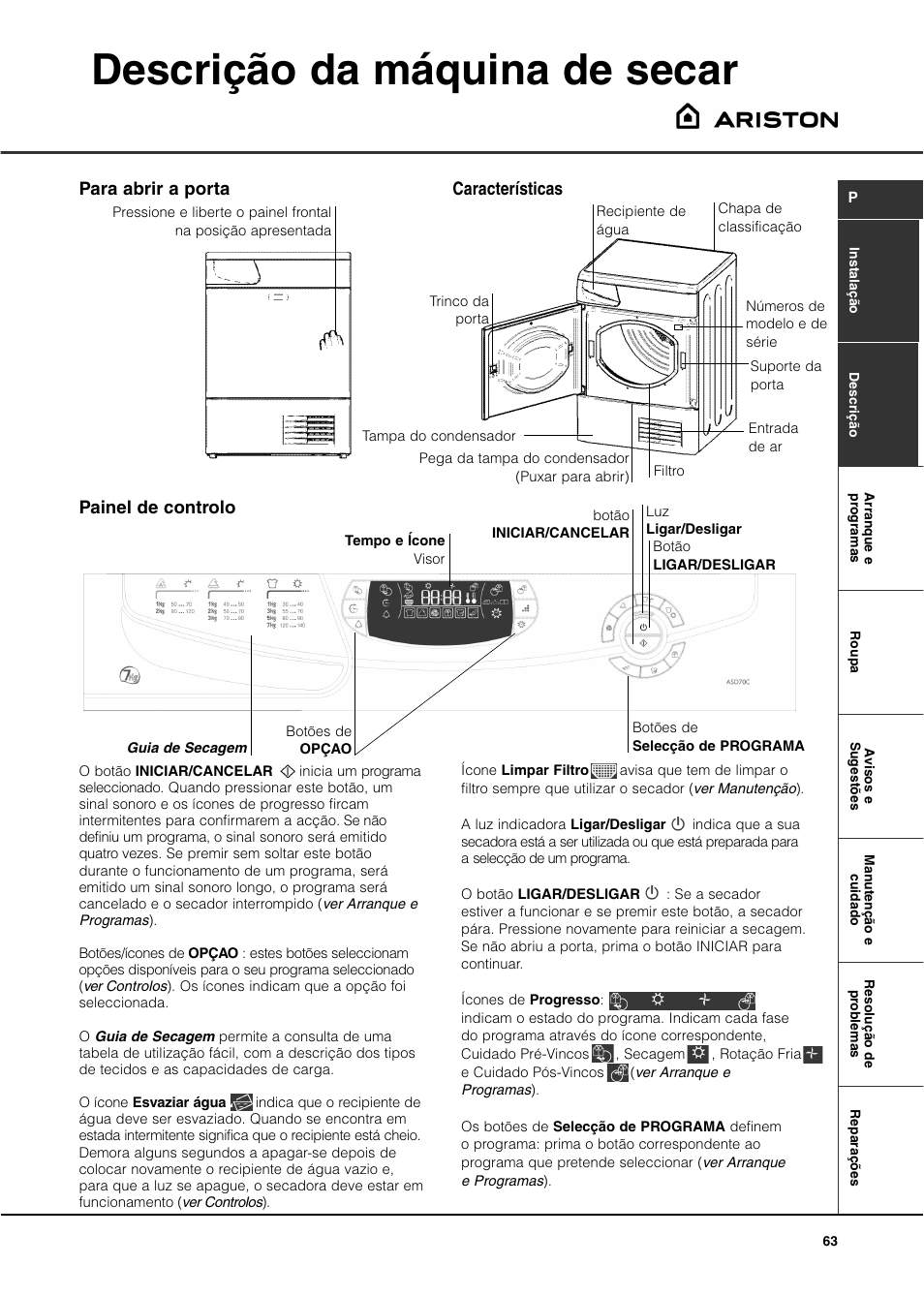 Descrição da máquina de secar | Ariston ASD70CX User Manual | Page 63 / 84