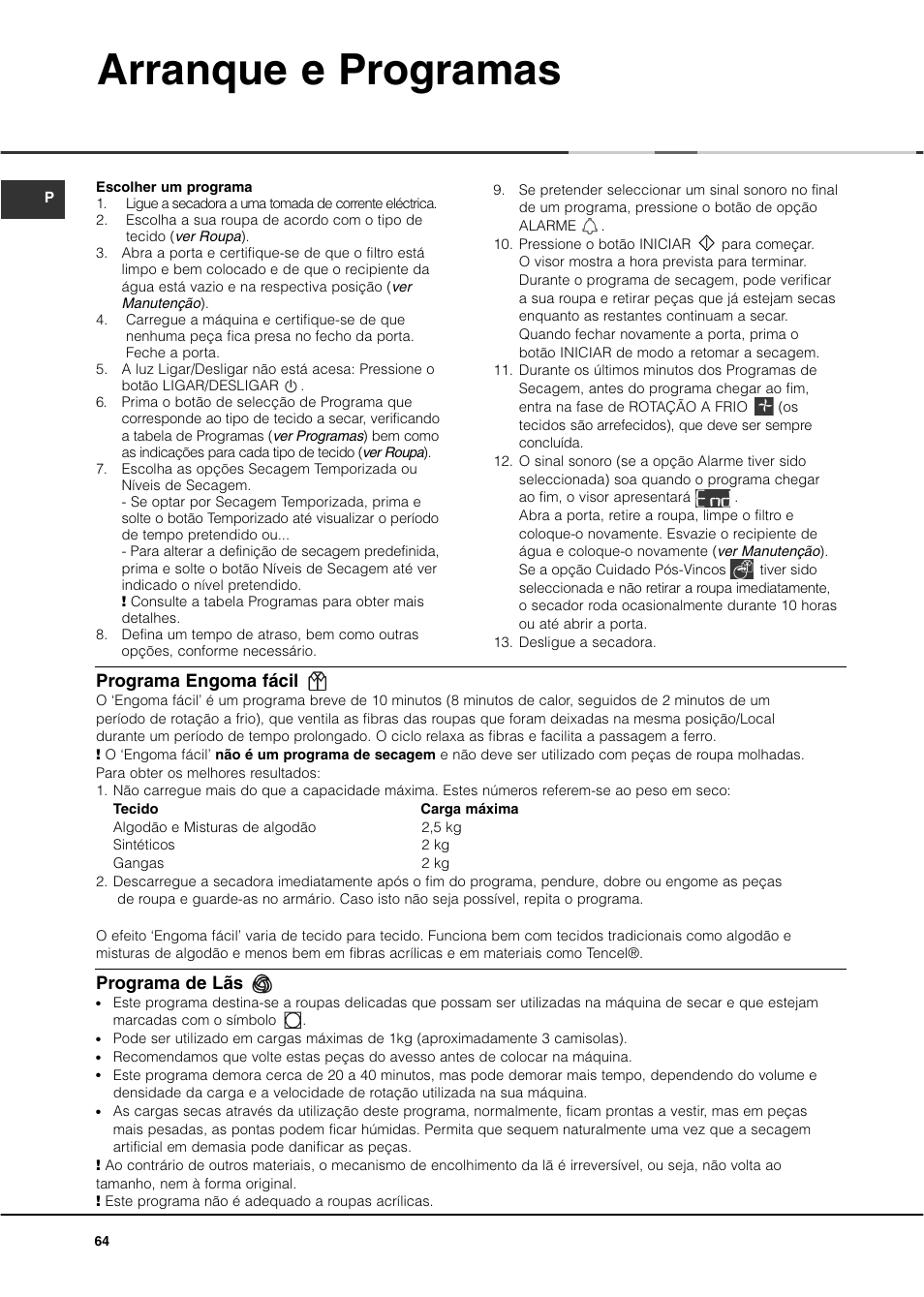 Arranque e programas, Programa engoma fácil, Programa de lãs | Ariston ASD70CX User Manual | Page 64 / 84