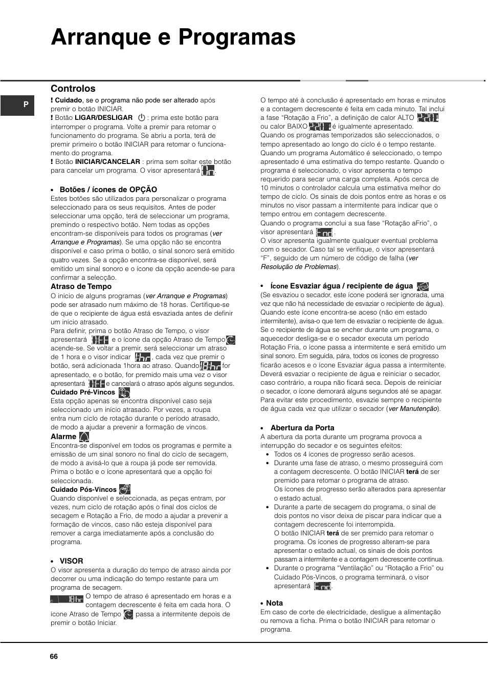 Arranque e programas, Controlos | Ariston ASD70CX User Manual | Page 66 / 84