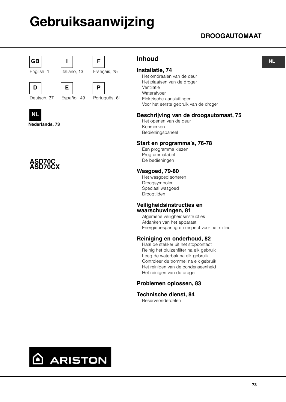 Gebruiksaanwijzing, Inhoud droogautomaat asd70c asd70cx | Ariston ASD70CX User Manual | Page 73 / 84