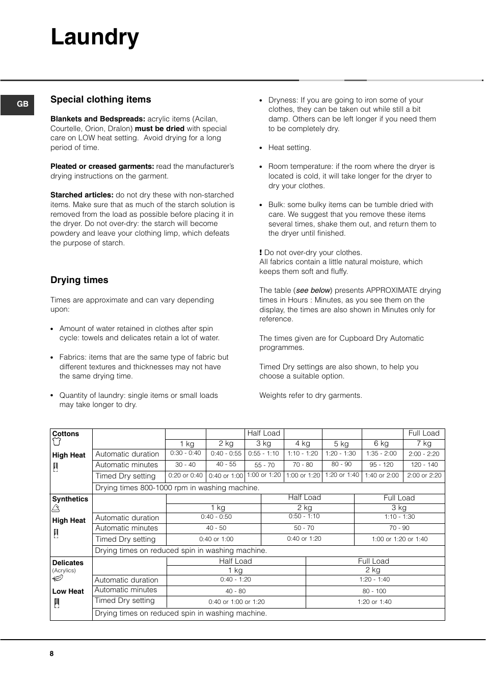 Laundry, Special clothing items, Drying times | Ariston ASD70CX User Manual | Page 8 / 84