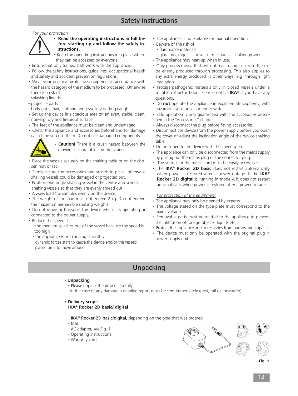 Unpacking, Safety instructions | IKA ROCKER 2D digital User Manual | Page 12 / 52