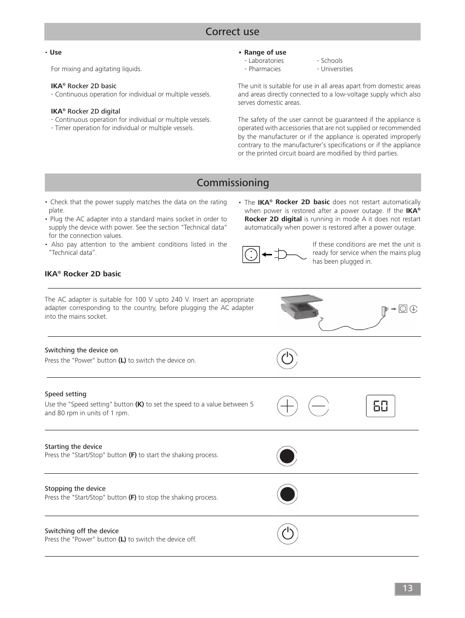 Commissioning, Correct use | IKA ROCKER 2D digital User Manual | Page 13 / 52