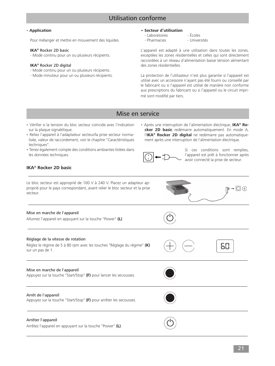 Mise en service, Utilisation conforme | IKA ROCKER 2D digital User Manual | Page 21 / 52