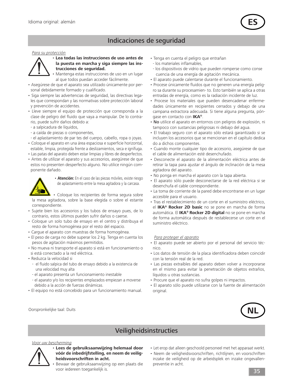 Indicaciones de seguridad, Veiligheidsinstructies | IKA ROCKER 2D digital User Manual | Page 35 / 52