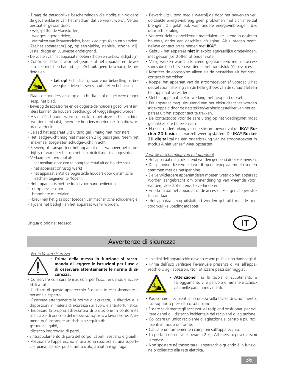 Avvertenze di sicurezza | IKA ROCKER 2D digital User Manual | Page 36 / 52