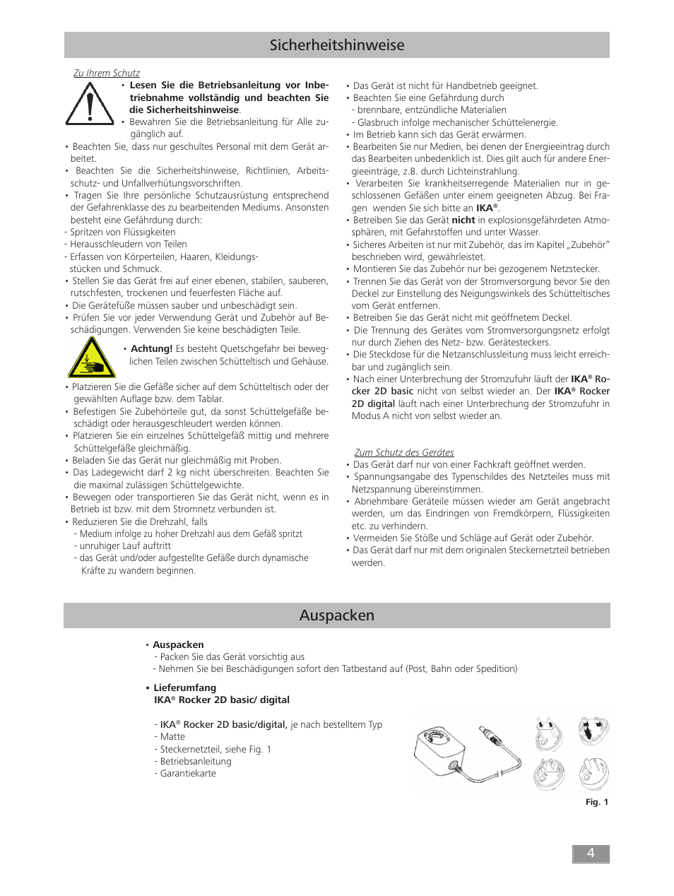 Auspacken, Sicherheitshinweise | IKA ROCKER 2D digital User Manual | Page 4 / 52