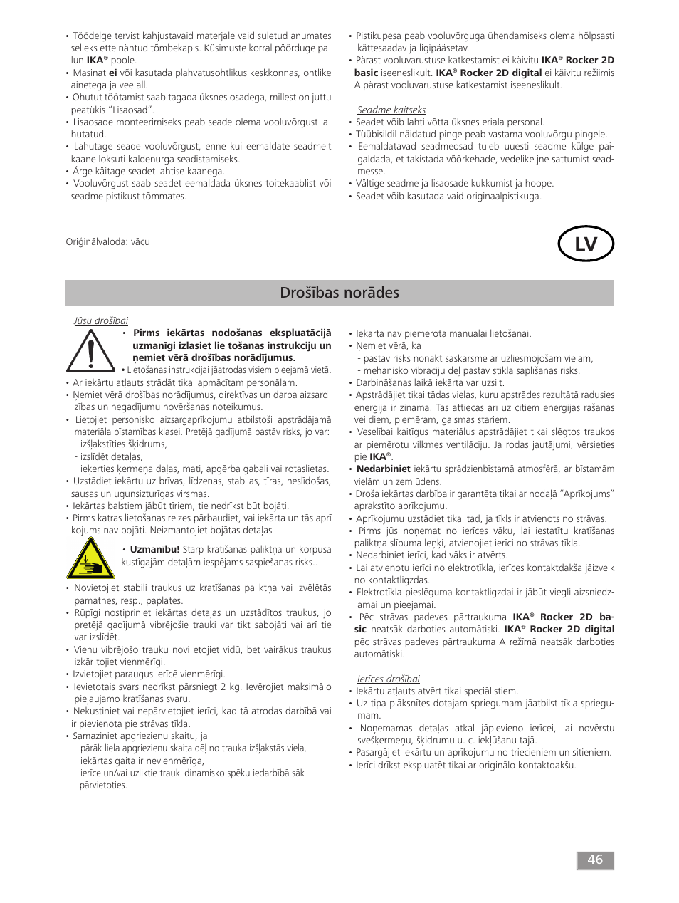 Drošības norādes | IKA ROCKER 2D digital User Manual | Page 46 / 52