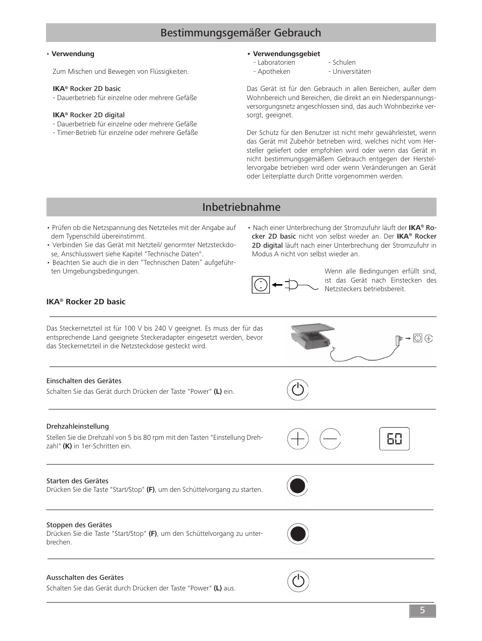 Bestimmungsgemäßer gebrauch, Inbetriebnahme | IKA ROCKER 2D digital User Manual | Page 5 / 52