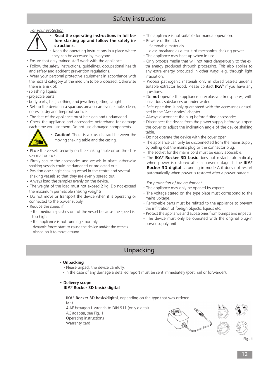 Safety instructions unpacking | IKA ROCKER 3D digital User Manual | Page 12 / 52