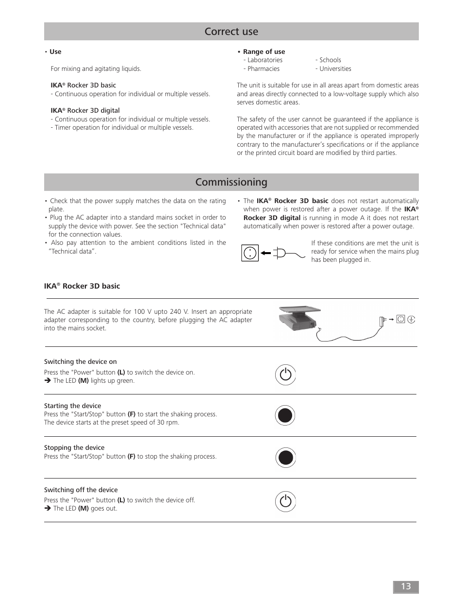 Correct use, Commissioning | IKA ROCKER 3D digital User Manual | Page 13 / 52