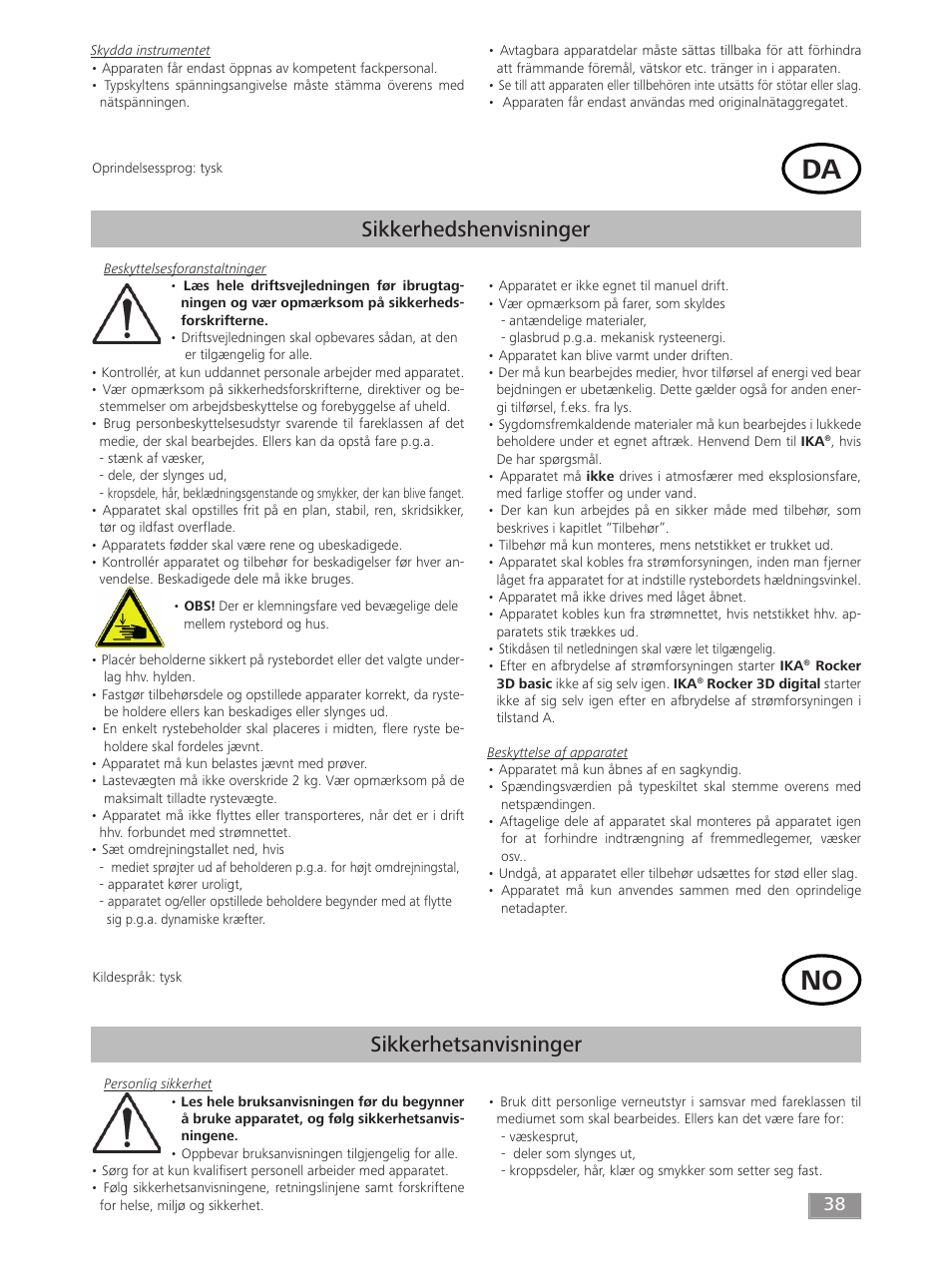 Sikkerhedshenvisninger, Sikkerhetsanvisninger | IKA ROCKER 3D digital User Manual | Page 38 / 52