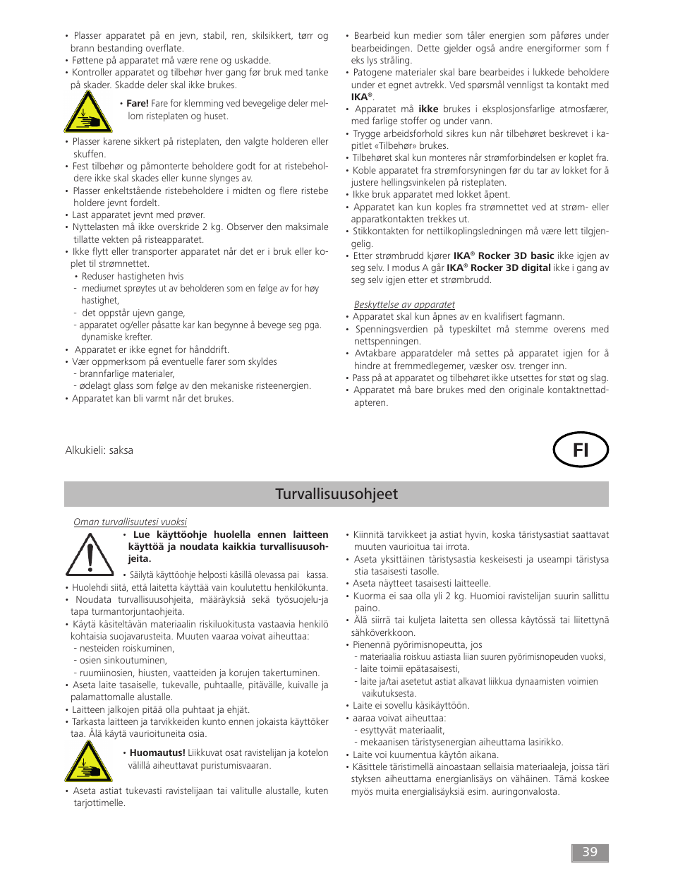 Turvallisuusohjeet | IKA ROCKER 3D digital User Manual | Page 39 / 52