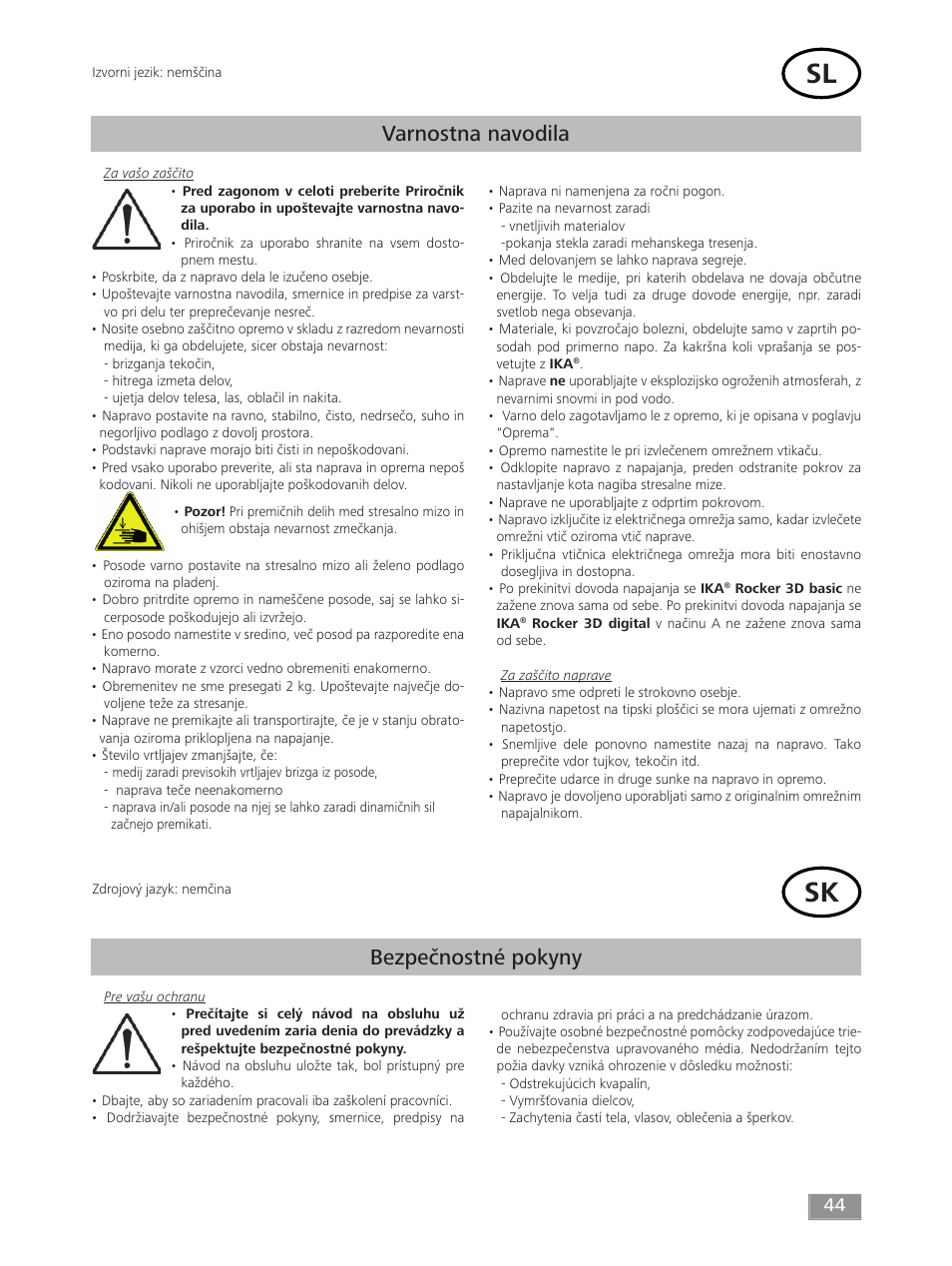 Varnostna navodila, Bezpečnostné pokyny | IKA ROCKER 3D digital User Manual | Page 44 / 52