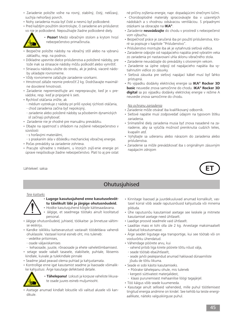 Ohutusjuhised | IKA ROCKER 3D digital User Manual | Page 45 / 52