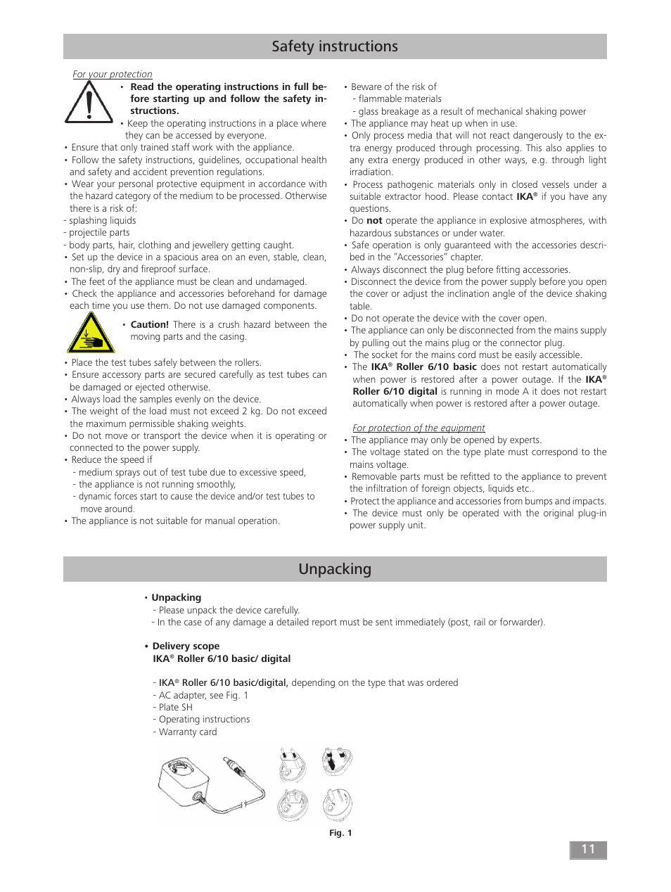 Unpacking, Safety instructions | IKA ROLLER 10 digital User Manual | Page 11 / 48
